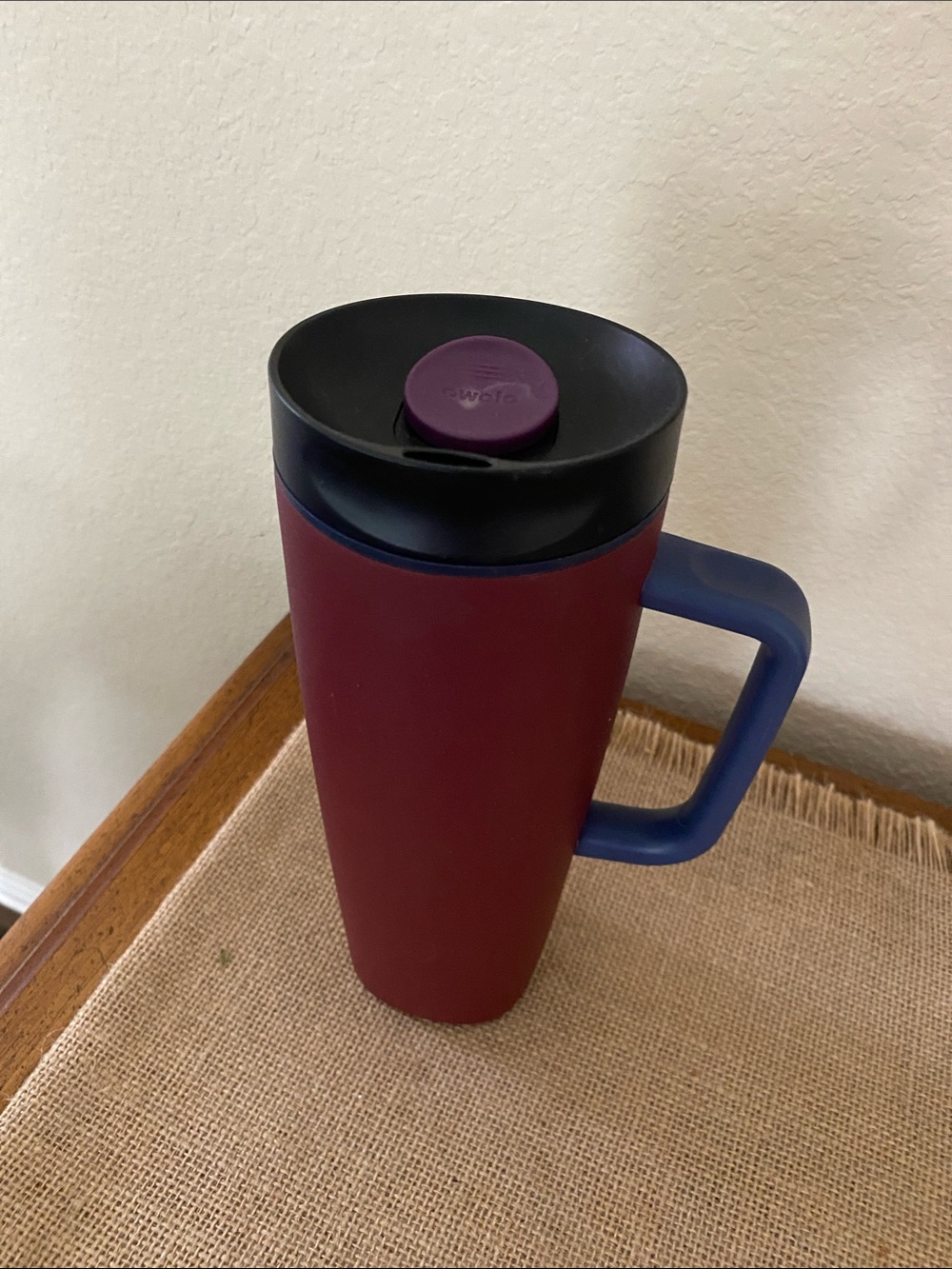 Insulated Travel Mug with Blue Handle and Burgundy Body